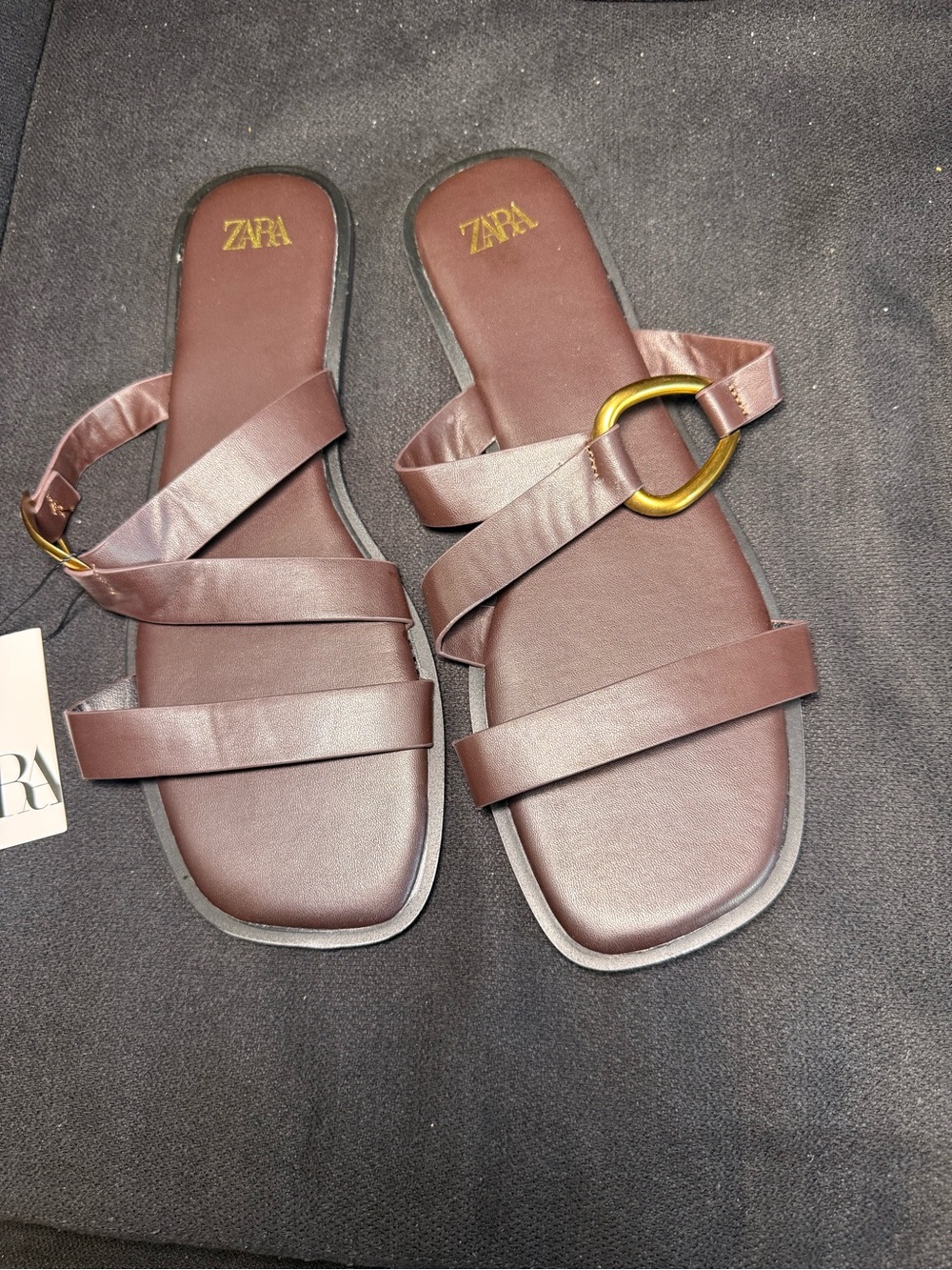 Zara Brown Leather-Look Slide Sandals with Gold Ring